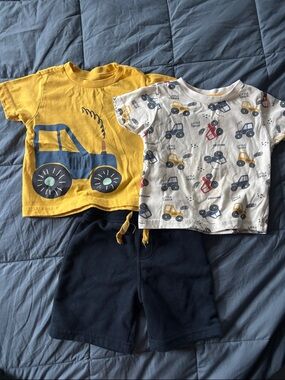 2 Tractor and Car Graphic Tees for Kids, matching blue shorts